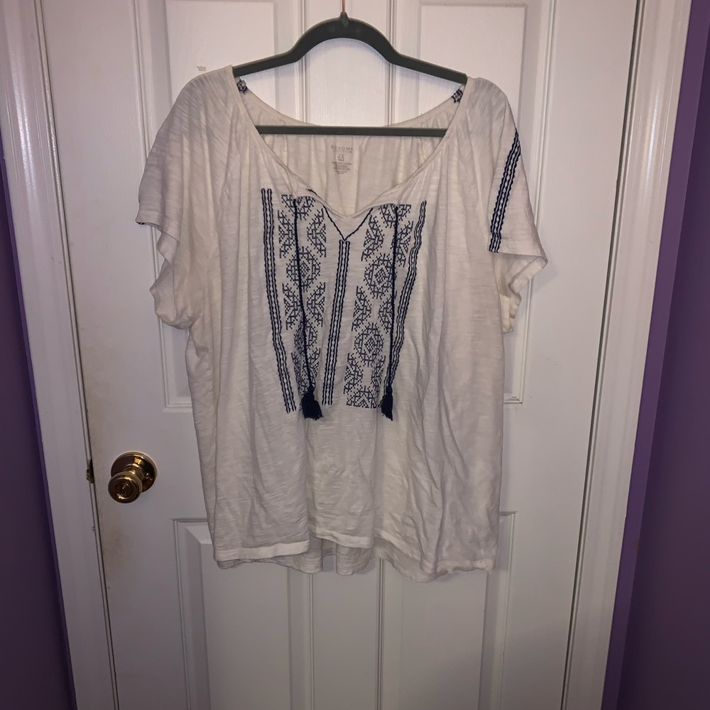 White Shirt with Blue Embroidery
